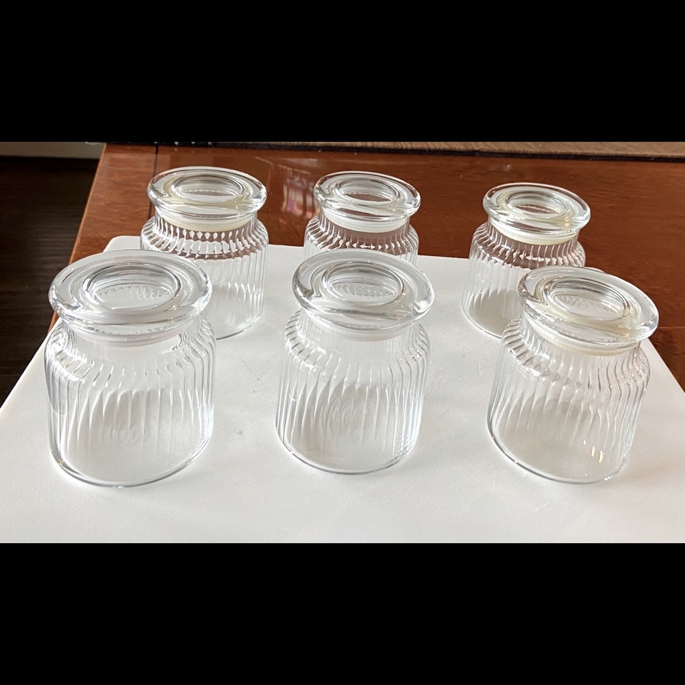 Six (6) Matching Clear Glass Storage Jars w Ribbed Optic by Anchor Hocking, Vntg